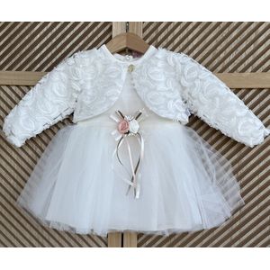 luxe feestjurk-bruidsjurk-doopkleding-tule jurk met jasje-blaadjesmotief-baby jurk-tutu rok- tweedelige set- katoenen jurk met steentjes en bloem-bruidsmeisjes-doopsel-bruiloft-verjaardag-foto shoot- wit ivoor kleur - maat 86 - 12 tem 18 maanden