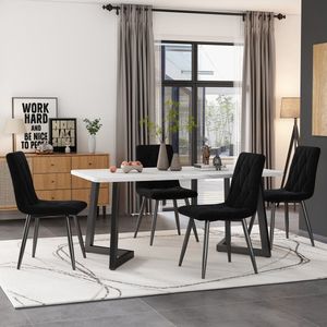 Sweiko Eettafel set (117 x 68cm eettafel, 4 stoelen), rechthoekige eettafel, moderne keuken eettafel set, eettafel stoel, zwart twill fluweel keukenstoel, zwarte tafelpoten