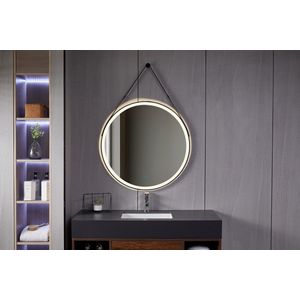 Bella Mirror - Spiegel met verlichting – Badkamerspiegel Rond – Antivocht – Anticondens – Ledverlichting - 80 cm - Met zwart frame - Trendy riem ophangbeugel