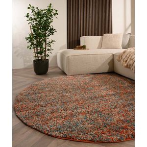 Rond hoogpolig vloerkleed - Blend oranje/blauw 200 cm rond