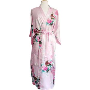 KIMU® Kimono Lichtroze 7/8e - Maat M-L - Yukata Satijn Boven de Enkel - Lange Roze Ochtendjas Japanse Kamerjas Sexy Satijnen Badjas Geisha Vogelprint Festival