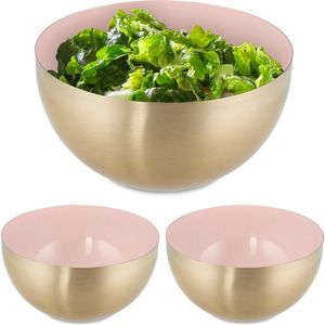 Relaxdays 3x saladeschaal - 2 liter - roze-goud - serveerschaal - rond - mengkom - rvs