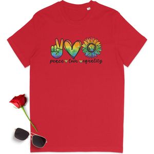 Gay Pride t shirt - Pride tshirt - Peace Love Equality - Dames tshirt met print - Heren t shirt met Pride opdruk - Unisex Pride Shirt - Unisex maten: S M L XL XXL XXXL - tshirt kleuren: Wit,  geel, oranje, roze en rood.