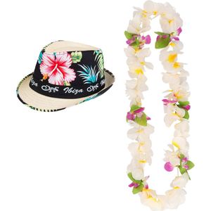 Hawaii thema party verkleedset - Trilby strohoedje - bloemenkrans wit/geel - Tropical toppers - voor volwassenen