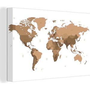 Canvas Wereldkaart - 90x60 - Wanddecoratie Wereldkaart - Bruin - Topografie