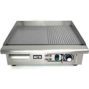 HCB® - Professionele Horeca Bakplaat - 1/2 geribbeld - 230V - RVS / INOX - Electrisch Grill apparaat - 47.5x55x22 cm (DxBxH) - 23 kg - 2569