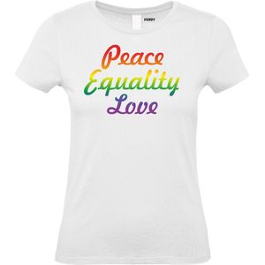 Dames T-shirt Peace Equality Love | Gay pride shirt kleding | Regenboog kleuren | LGBTQ | Wit dames | maat XL