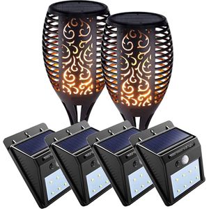 Eurocatch Solar Verlichting set 6 -delen | Tuin Verlichting Set | 4 x Muurlampen + 2 x Tuinfakkels | Veiligheid | Voordeel set !