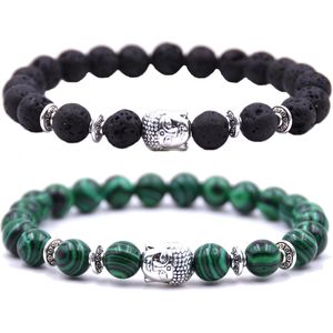 Kralen armband buddha / boedha bedel - Armband dames / heren / unisex - Natuursteen kralen bandje - Elastiek 19 cm - 8mm stenen - Armbandenset (2 stuks) - Vulkanisch zwart & green stripes