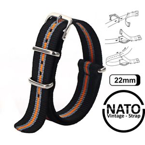 22mm Premium Nato Strap Zwart Oranje Grijs - Vintage James Bond - Nato Strap collectie - Mannen - Horlogeband - 22 mm bandbreedte voor oa. Seiko Rolex Omega Casio en Citizen