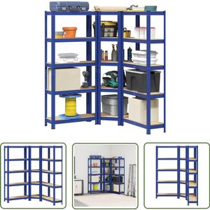 The Living Store Legbordenset 3 st 5-laags staal en bewerkt hout blauw - Opslagkast - Industriele Opslag - Metalen Kast - Wandmontage - Multifunctioneel Rek