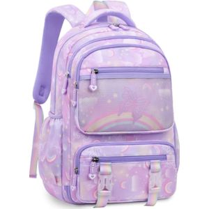 Schooltas voor kinderen van 3-7 jaar schoolrugzak voor basisschool, peuterschool - organizer spullen 32x18x45cm grote capaciteit 7 vakken – waterdicht, verstelbare banden, lichtgewicht voor kinderen, rugzak met rittsluiting - paars vlinder/regenboog