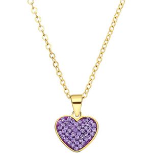 Lucardi Dames Stalen goldplated ketting hart met kristal violet - Ketting - Staal - Goudkleurig - 47 cm