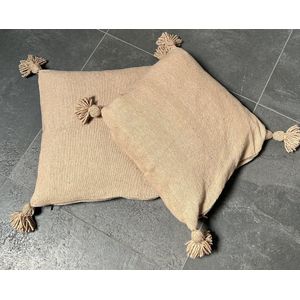 Pompom kussen - vierkant - 01 - Camel kleur - 45 x 45 cm - inclusief vulling - katoenen kussens - vintage kussens - sierkussens - boho