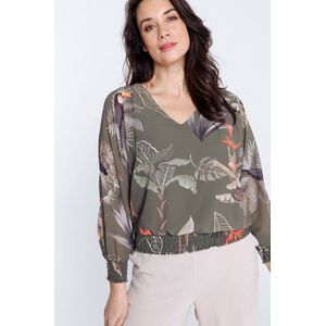 Cassis Blouse met jungleprint en smokwerk