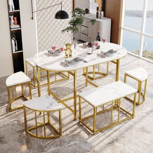 Eetkamertafelset met zes stoelen, Eetgroep met witte MDF zitkussens en vergulde ijzeren frames, Moderne luxe tafels en stoelen