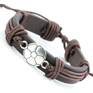Bruin leren mannen armband met zilverkleurige voetbal bedel - armband - voetbal - sieraad - mannen armband