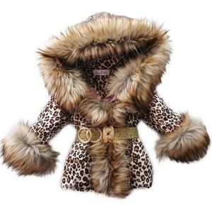 BamBella® Winterjas - Maat 128 - Imitatiebont jas kind Dierenprint kinderjas panterprint jasje met grote bontkraag