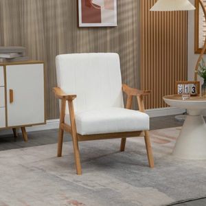 Moderne Loungestoel met Armleuningen, Veloursachtige Loungestoel, Scandinavische Relaxstoel, Stoel met Armleuningen, Rubberhout, Cr�ème, 68 x 74 x 82 cm