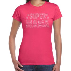 Glitter Super Mama t-shirt roze met steentjes/ rhinestones voor dames - Moederdag cadeaus - Glitter kleding/ foute party outfit XS