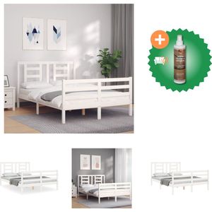 vidaXL Bedframe met hoofdbord massief hout wit 140x190 cm - Bed - Inclusief Houtreiniger en verfrisser