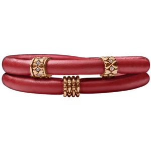 Quiges - Leren Wikkelarmband Rood 44cm met Aanschuif Bedels Roségoudkleurig - RVS Magneetsluiting - ELBS093