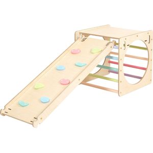 KateHaa Houten Activiteiten Kubus met Klimwand Pastel - Klimrek - Houten Montessori Speelgoed