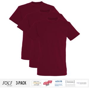 3 Pack Sol's Heren T-Shirt 100% biologisch katoen Ronde hals Burgundy Maat 4XL
