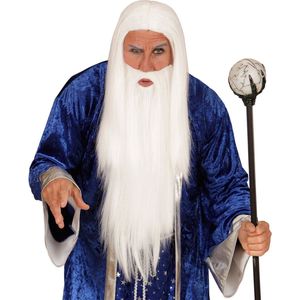 Widmann - Tovenaar & Tovenares & Waarzegster Kostuum - Gandalf Pruik, Tovenaar Met Baard - Wit / Beige - Halloween - Verkleedkleding