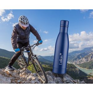 Gepersonaliseerde blauwe thermosfles, lasergravure, cadeau voor vrouwen en mannen, 500 ml roestvrijstalen fles voor warme en koude dranken, thermosfles, drinkfles, metalen waterfles, dubbelwandig, duurzame thermos, modern en stijlvol ontwerp