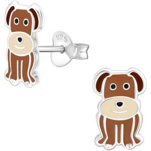 Joy|S - Zilveren hond oorbellen - 7 x 11 mm - bruin - kinderoorbellen