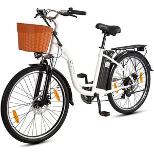 DYU Elektrische Fiets C6 - 450Wh/12.5Ah Accu - 75 km Bereik - 250W Motor - Instap Frame - 26 Inch Wielen - Shimano 6 Versnellingen - Met fietsmandje - Stadsfiets voor Dames en Heren - Wit