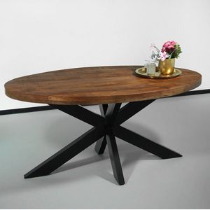 Eettafel ovaal mangohout 160cm James bruin ovale industriële tafel duurzaam mango eetkamertafel