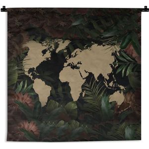 Wandkleed - Wanddoek - Wereldkaart - Bloemen - Planten - 60x60 cm - Wandtapijt