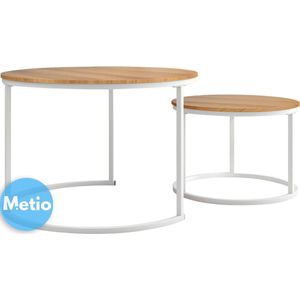 Metio - Ronde Salontafelset - 2 Bijzettafels (Ø 70/50 cm) - Metalen Poten - Wit & Donker Eiken