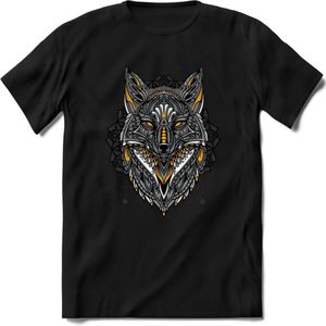 Vos - Dieren Mandala T-Shirt | Geel | Grappig Verjaardag Zentangle Dierenkop Cadeau Shirt | Dames - Heren - Unisex | Wildlife Tshirt Kleding Kado | - Zwart - L