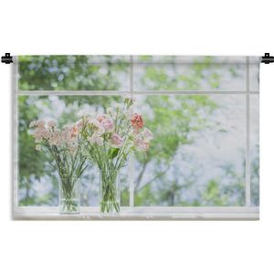 Wandkleed Planten in de vensterbank - Twee vazen met bloemen in een vensterbank Wandkleed katoen 60x40 cm - Wandtapijt met foto