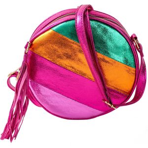 Nouka Roze Multicolor Metallic Ronde Dames Tas – Schoudertas – Crossbody – met Gestreept patroon en Verstelbare Tassenriem / Schouderriem