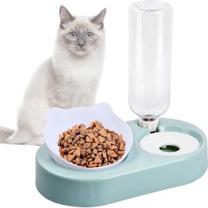 Kat voederbak, kattenvoerbak met waterdispenser, kat, kattenvoerbakset met 0-15 graden verstelbare helling, automatische waterfles, afneembare voederbak voor katten en honden (groen)