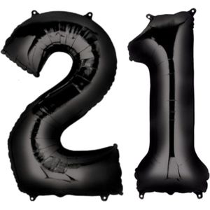 Ballon Cijfer 21 Jaar Zwart 36Cm Verjaardag Feestversiering Met Rietje