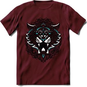 Tijger - Dieren Mandala T-Shirt | Lichtblauw | Grappig Verjaardag Zentangle Dierenkop Cadeau Shirt | Dames - Heren - Unisex | Wildlife Tshirt Kleding Kado | - Burgundy - XXL