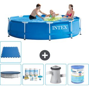Intex Rond Frame Zwembad - 305 x 76 cm - Blauw - Inclusief Afdekzeil - Onderhoudspakket - Zwembadfilterpomp - Filter - Vloertegels