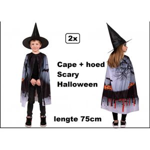 2x Cape + hoed Scary Halloween - KIDS - lengte cape 75cm - Horror creepy thema feest halloweenfeest party fun
