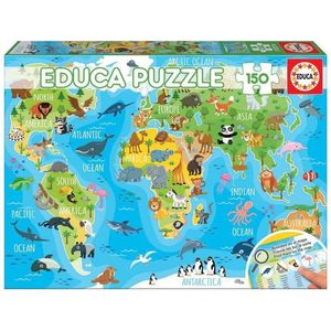 Legpuzzel - 150 stukjes - Wereldkaart met Dieren - Educa Puzzel