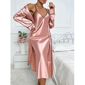 ochtendjas badjas sexy satijn pyjamaset nachtkleding roze dames goedkoop