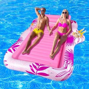 Opblaasbaar zonnezwembad, dubbel deluxe tanning zwembad, grote waterhangmat voor volwassenen, opblaasbaar luchtmatras, zwembad met hoofdsteun en bekerhouder voor zomer, strand - Roze