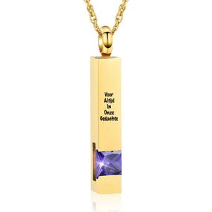 Luxe Ashanger | Met Ketting En Gravering | Voor Altijd In Onze Gedachte | Assieraad | Goudkleurig Met Paarse Steen | As Ketting | Gedenksieraad | Urn | Incl. As vuller