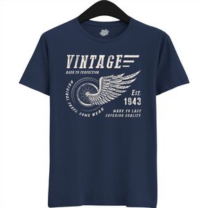 A Vintage Motorcycle Addict Est 1943 | Retro Verjaardag Motor Cadeau Shirt - T-Shirt - Unisex - Navy Blue - Maat S