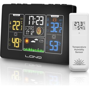 LONQ Weerstation Binnen en Buiten Q1 - Incl. Batterijen - Draadloos Weerstation met Buitensensor - Thermometer Hygrometer - 100 Meter Bereik - Kleurendisplay