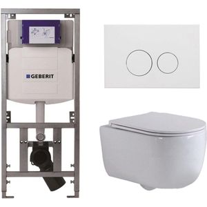 QeramiQ Dely Swirl Toiletset - 36.3x51.7cm - Geberit UP320 Burda inbouwreservoir - slim zitting - mat witte metalen bedieningsplaat - ronde knoppen - wit glans